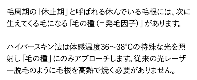 毛周期の「休止期」と呼ばれる休んでいる毛根には、次に生えてくる毛になる「毛の種（＝発毛因子）」があります。ハイパースキン法は体感温度36～38℃の特殊な光を照射し「毛の種」にのみアプローチします。従来の光レーザー脱毛のように毛根を高熱で焼く必要がありません。